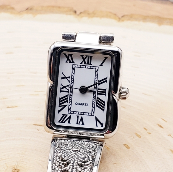 Stainless Steel Quartz Roman Numeral Rectangle Face Watch 6.5" - Picture 1 of 8